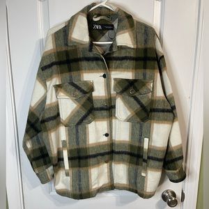 ZARA Oversized Green Brown Plaid Oversized Shacket